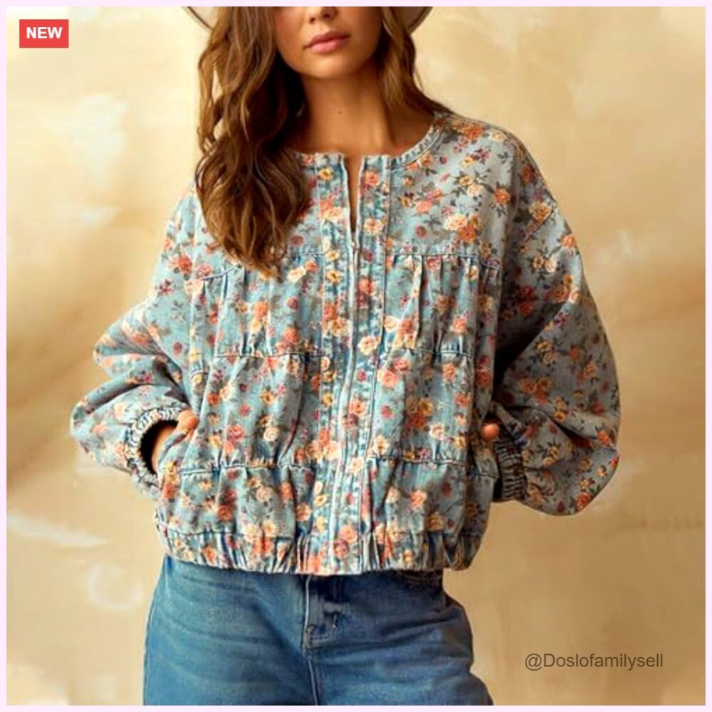 Oversized Denim Bomber Jacket Floral Print Boyfriend Fit Women's Casual - Picture 6 of 6